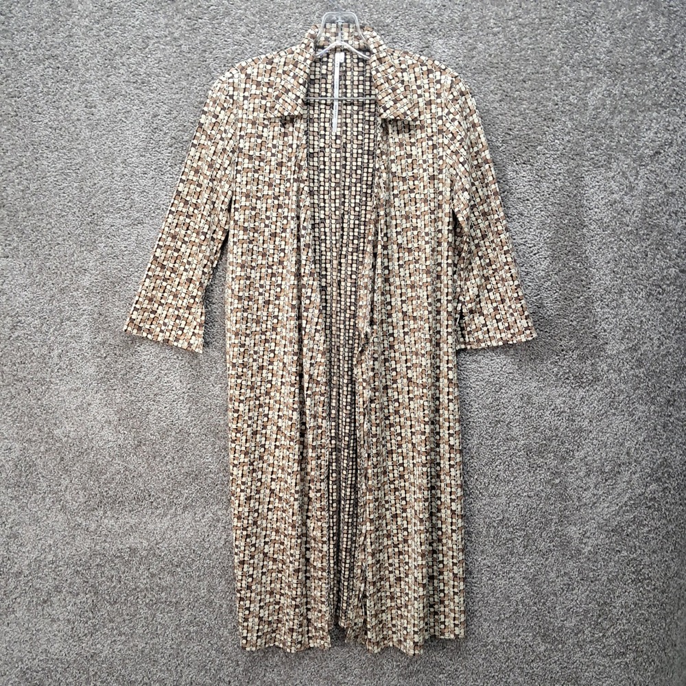 Max Studio Women Brown Geometric Tile Print Open Front Duster Cardigan Size M